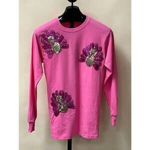 NEW BLING A GOGO women's long sleeve sequin turkey sweatshirt in hot pink